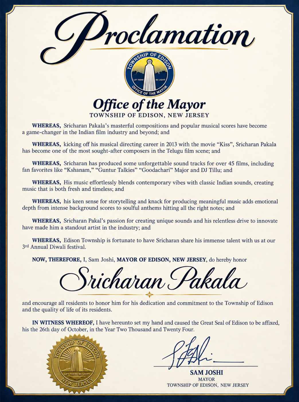 Honored by the Township of Edison, New Jersey